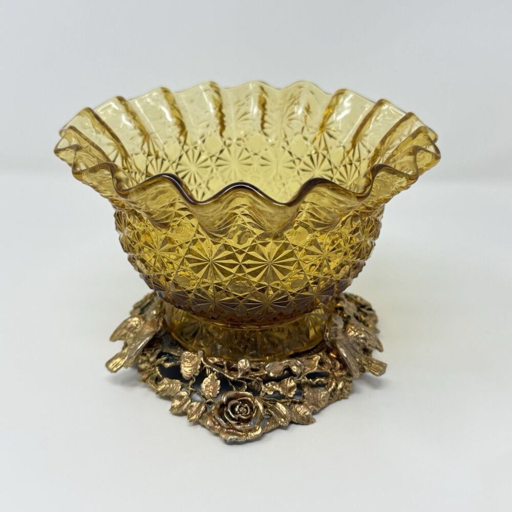 Hamilton Sterling Amber Glass Bowl 24KT Gold Birds Roses Vintage 4 Inch